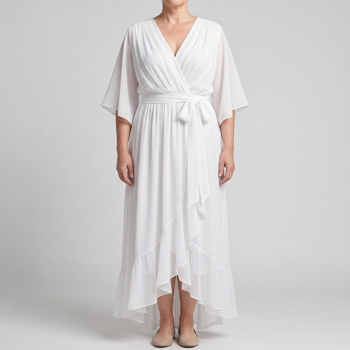 Bergljot — Lett Midi Kjole Dame i Chiffon med V Hals og Volang, Motegalleriet Oslo — bilde 1