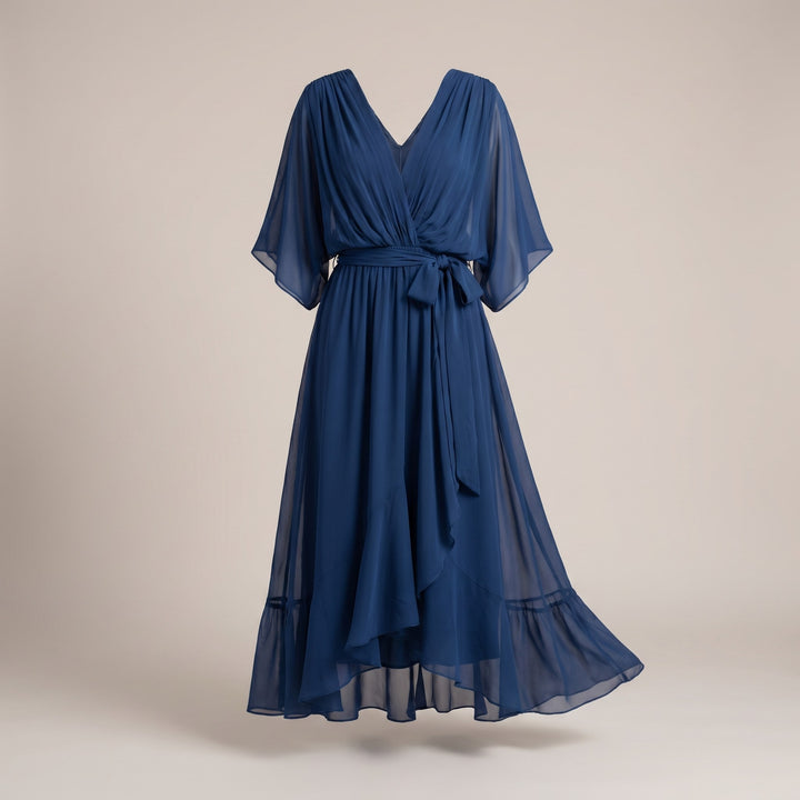 Bergljot — Lett Midi Kjole Dame i Chiffon med V Hals og Volang, Motegalleriet Oslo — bilde 3
