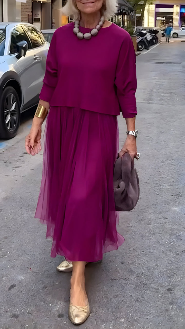Dorthe — Elegant Midi Kjole Dame i Strikk og Sateng med Rund Hals, Motegalleriet Oslo — bilde 4