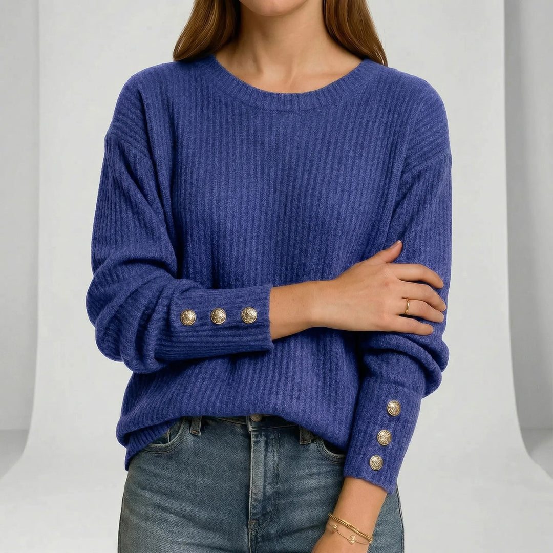 Lise — Ribbet Genser Dame med Rund Hals, Lange Ermer og Knapper, Motegalleriet Oslo — bilde 4