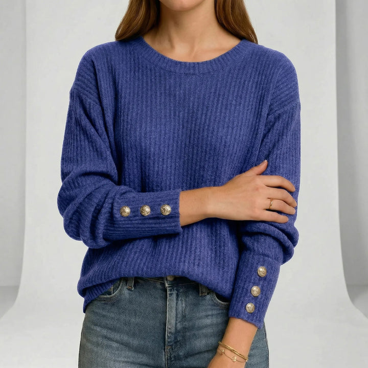 Lise — Ribbet Genser Dame med Rund Hals, Lange Ermer og Knapper, Motegalleriet Oslo — bilde 4
