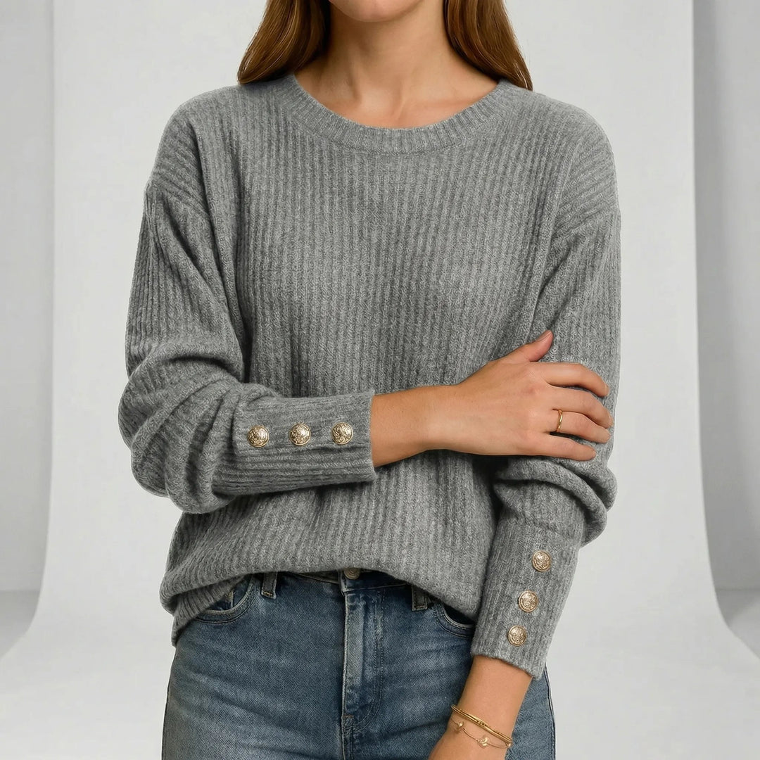 Lise — Ribbet Genser Dame med Rund Hals, Lange Ermer og Knapper, Motegalleriet Oslo — bilde 9