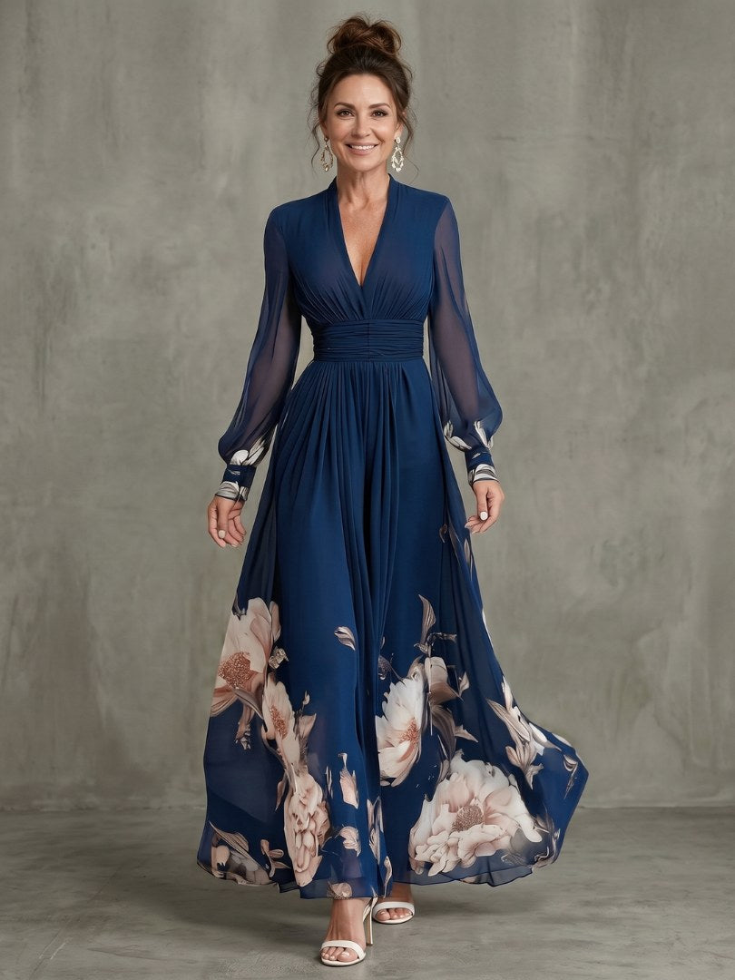 Signe — Lang Kjole Dame i Chiffon med Lange Ermer og Blomster, Motegalleriet Oslo — bilde 1