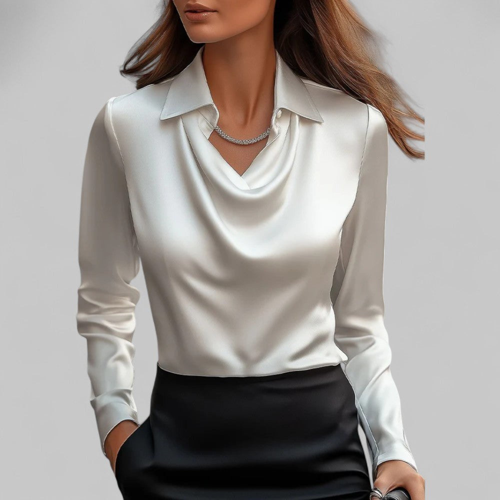 Turid — Elegant Bluse Dame i Sateng med Drapert Hals og Lange Ermer, Motegalleriet Oslo — bilde 1