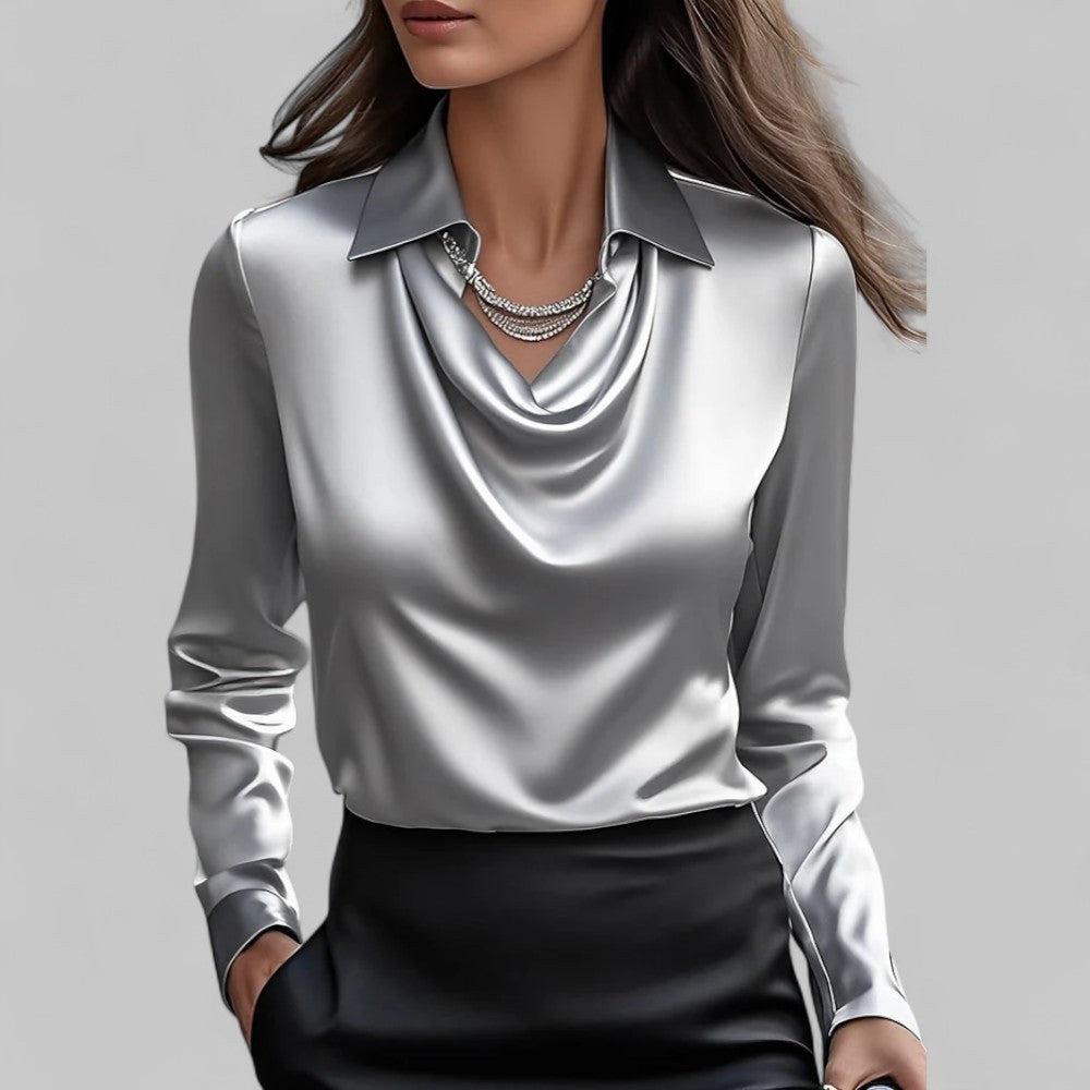 Turid — Elegant Bluse Dame i Sateng med Drapert Hals og Lange Ermer, Motegalleriet Oslo — bilde 2