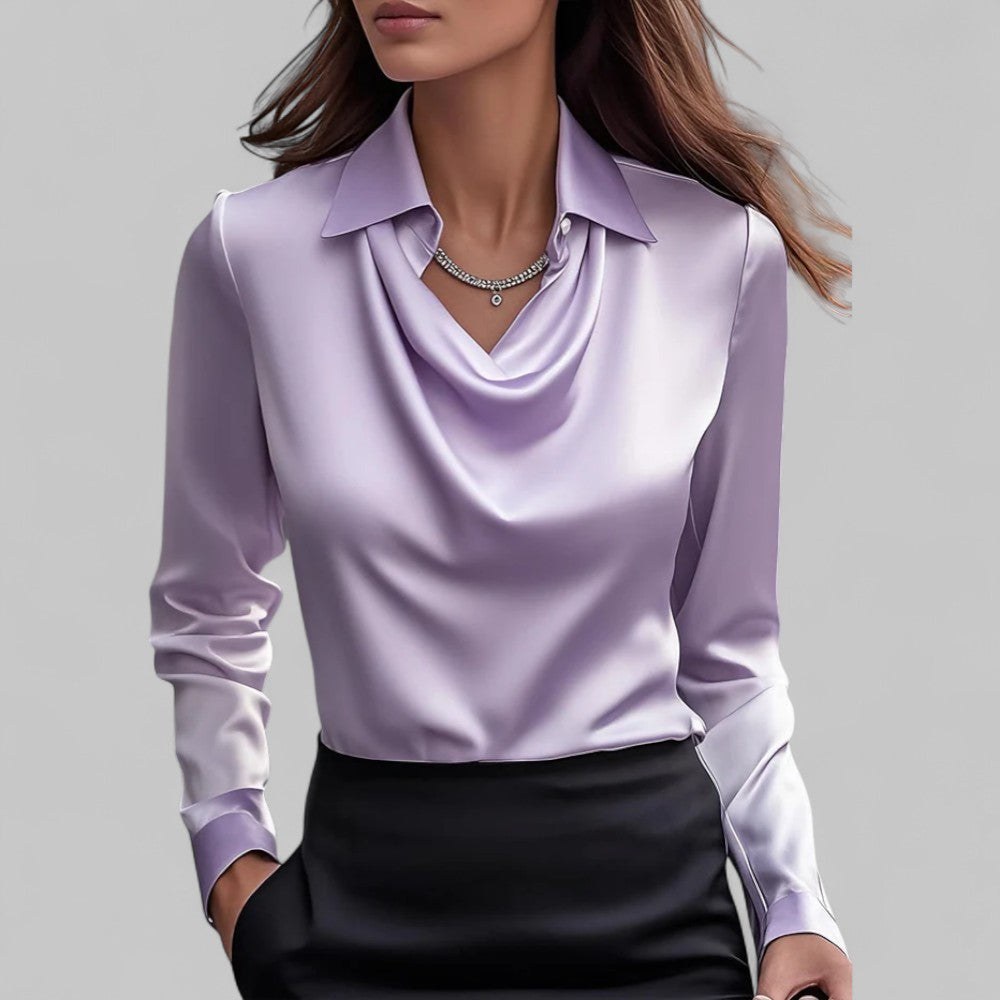 Turid — Elegant Bluse Dame i Sateng med Drapert Hals og Lange Ermer, Motegalleriet Oslo — bilde 4