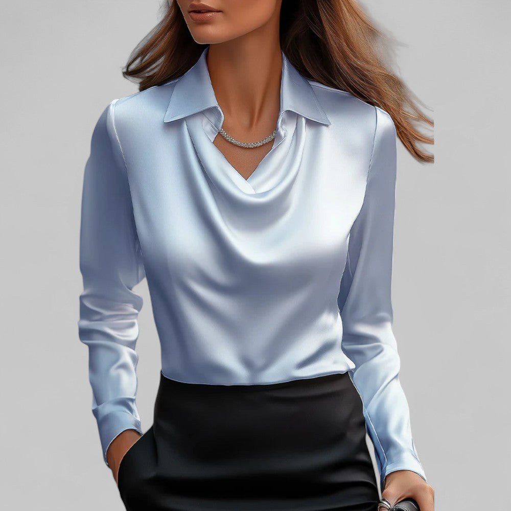 Turid — Elegant Bluse Dame i Sateng med Drapert Hals og Lange Ermer, Motegalleriet Oslo — bilde 6