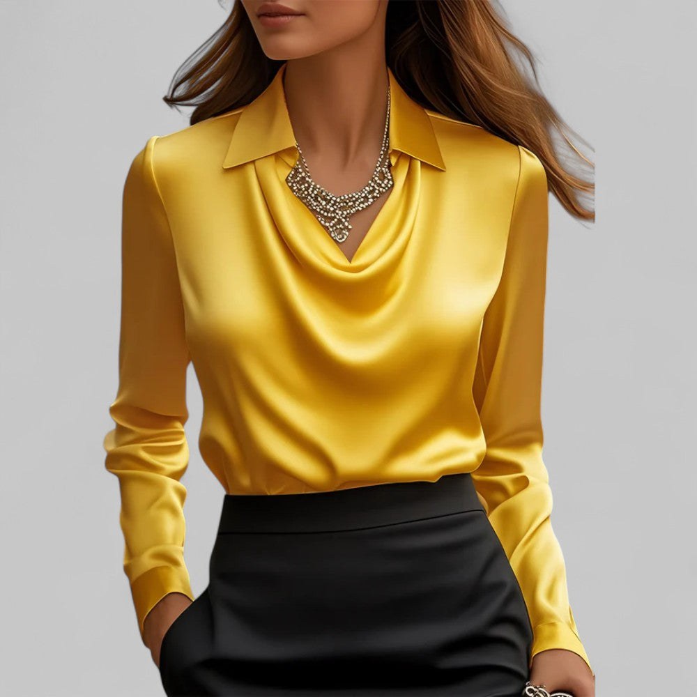 Turid — Elegant Bluse Dame i Sateng med Drapert Hals og Lange Ermer, Motegalleriet Oslo — bilde 7