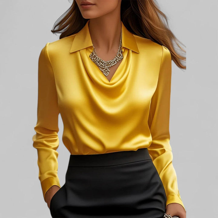 Turid — Elegant Bluse Dame i Sateng med Drapert Hals og Lange Ermer, Motegalleriet Oslo — bilde 7