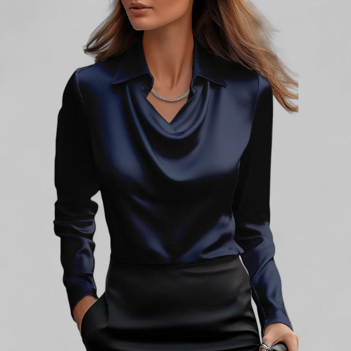 Turid — Elegant Bluse Dame i Sateng med Drapert Hals og Lange Ermer, Motegalleriet Oslo — bilde 8