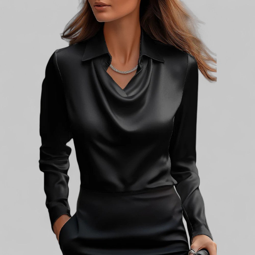 Turid — Elegant Bluse Dame i Sateng med Drapert Hals og Lange Ermer, Motegalleriet Oslo — bilde 9
