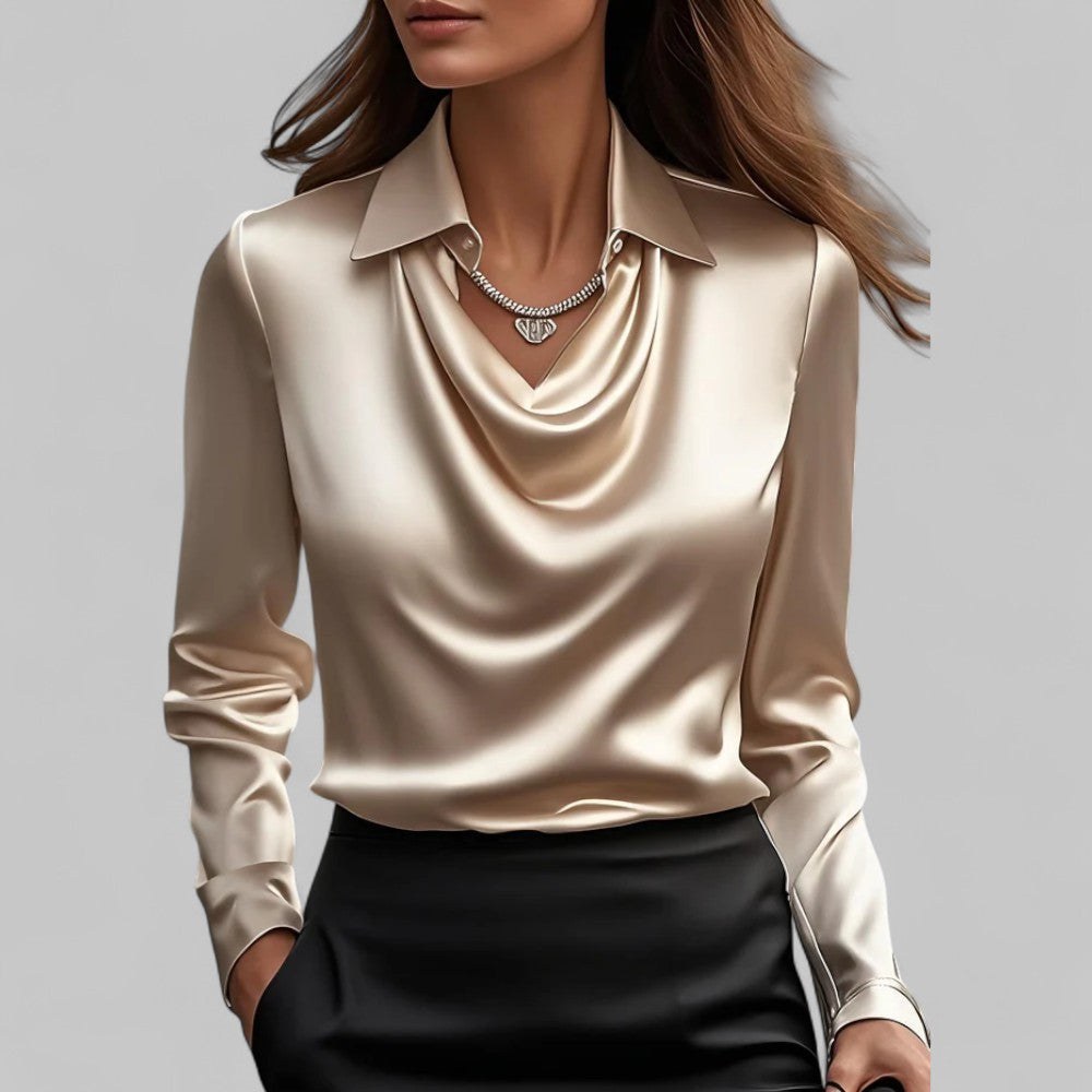Turid — Elegant Bluse Dame i Sateng med Drapert Hals og Lange Ermer, Motegalleriet Oslo — bilde 10